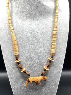 Boho Heishi Wood Beaded Panther Pendant Necklace